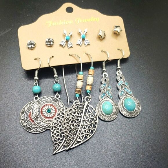 Bohemian silver turquoise earring bundle set - Picture 2 of 4